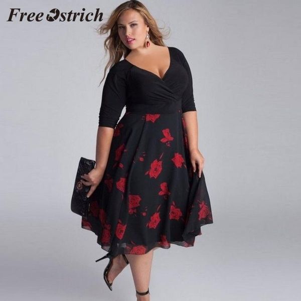 

ostrich 2019 women plus size v-neck floral maxi evening party boho beach dress half sleeve rose print chiffon dress, Black;gray