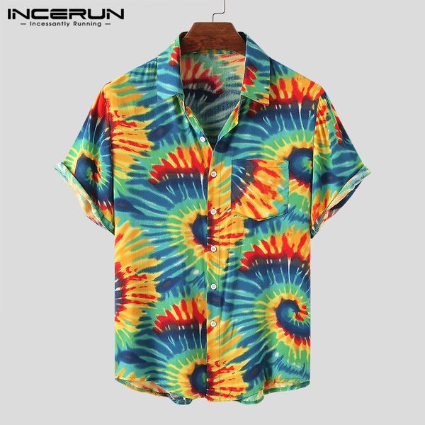 

men's casual shirts incerun 2021 men hawaiian shirt tie dye print streetwear short sleeve lapel blouse breathable chic summer vacation, White;black