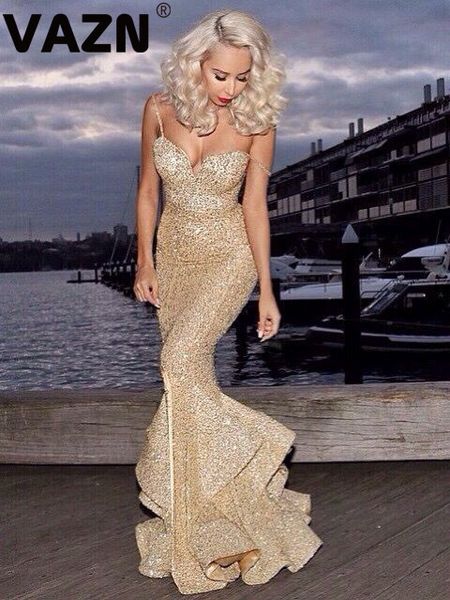 

vazn 2020 high-end heavy industry sequined open style solid spaghetti strap sleeveless high waist women slim mermaid dress, Black;pink