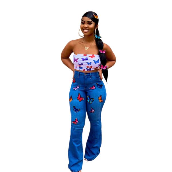 

women's jeans blue embroidery butterfly women high waist vintage long flare leg pants 2021 ladies retro strench denim trousers