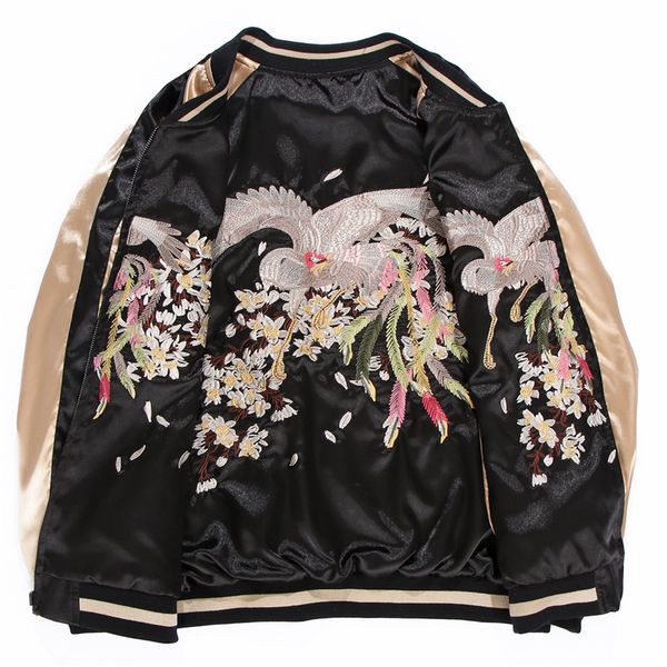 

spring women and men's short bomber jacket loose large size s-4xl phoenix embroidery couples both-side wear satin baseball coat, Black;brown