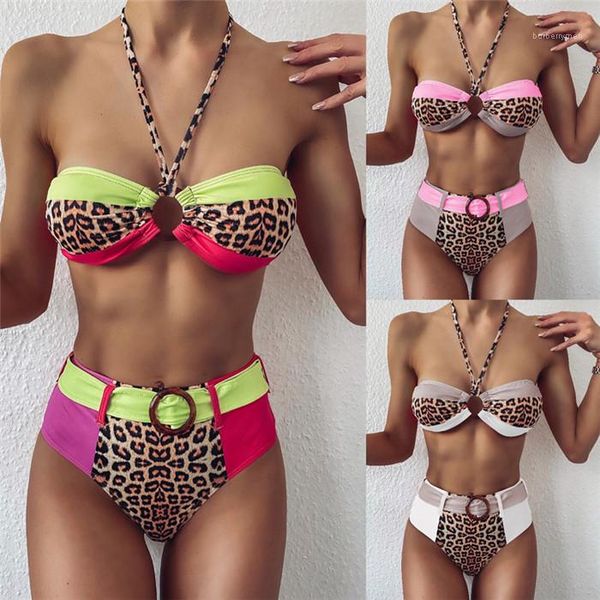 

stitching bikini summer hanging neck bra high waist swim trunks bathing suit womens contrast color, White;black