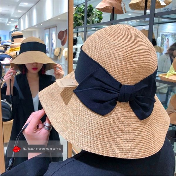 

sun li female sunscreen bowknot sunshade fisherman beach fisherman straw sunscreen straw hat sun hat foldable, Blue;gray