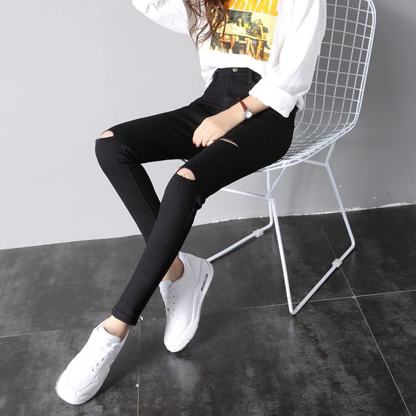 

wkoud korean skinny jeans 2019 spring new holes ripped jeans pant women black solid stretch denim pencil pants casual jean p8819, Blue