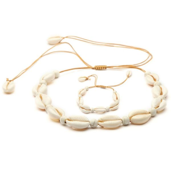 

1 set simple versatile bracelet necklace set shell necklaces clavicle chain bracelets handmade woven bohemian style women girls, Silver