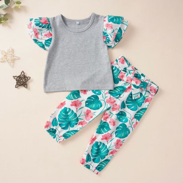

summer toddler kid baby girl clothes t-shirt pants outfit tracksuit 0-5y, Pink;blue