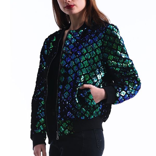 

spring autumn women sequin coat green jacket long sleeve zipper streetwear jacket preppy casual basic coat, Black;brown