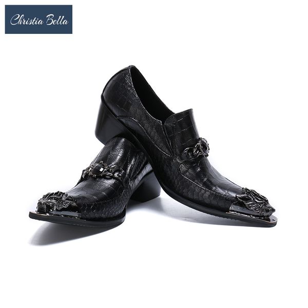 

christia bella fashion chain genuine leather men office shoes large size metal pointed toe slip on formal party dress shoes, Black