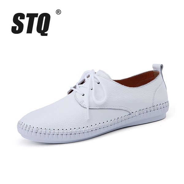 

stq 2020 spring women ballet oxford flat soft leather ladies lace up white black loafers flats boat shoes b16 y200320