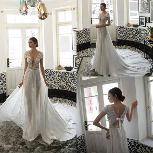 

2020 julie vino beach wedding dresses deep v neck lace appliqued short sleeve bridal gowns vintage a line chiffon boho wedding dress, White