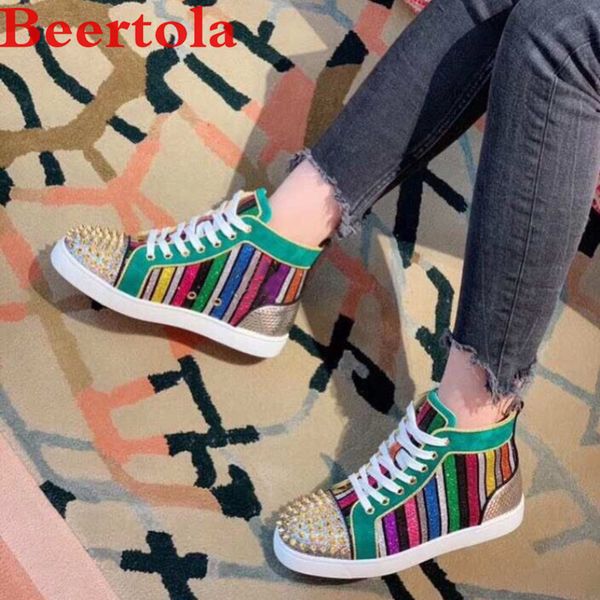 

beertola new casual men shoes designers rainbow vertical stripes spikes head lace up high flats shoes men mixed color, Black