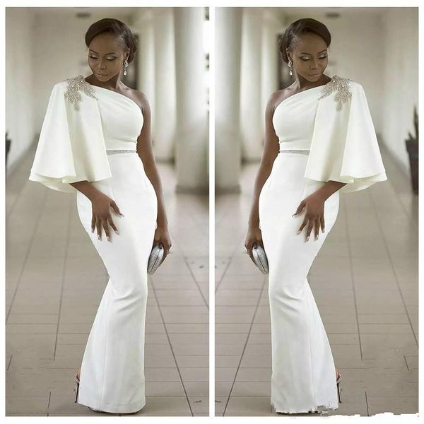 

african white evening dresses wear one shoulder half sleeves mermaid formal beading dubai women 2020 long sheath prom robe de soiree gown, Black;red