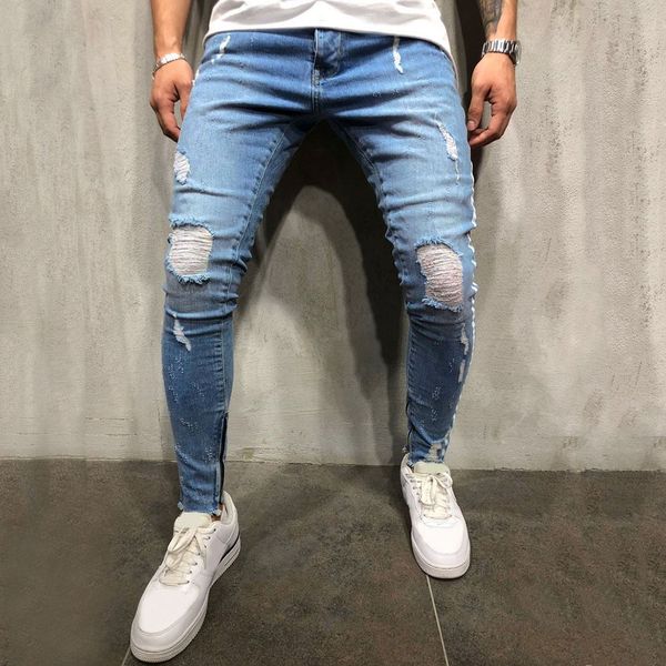

feitong blue jeans men fashion slim denim straight hole trouser distressed jeans patchwork long pants