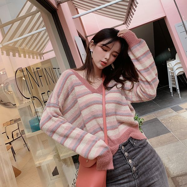 

mishow 2019 autumn winter women's vintage stripe knitted sweater fashion korean v-neck long sleeve loose short mx19c5426, White;black