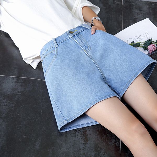 

ailegogo new summer vintage women wide leg blue denim shorts casual female high waist solid color loose jeans shorts, White;black