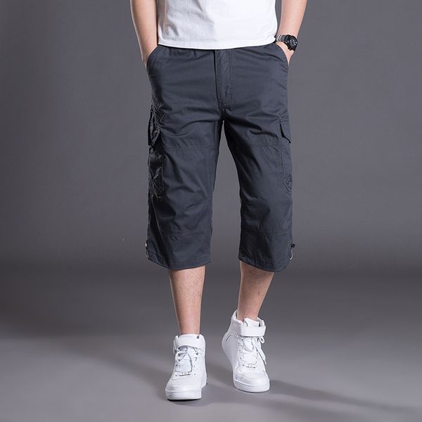 

men's pants summer baggy multi pocket zipper cargo shorts breeches male long army green khaki men tool work short bermuda big size 5xl, Black