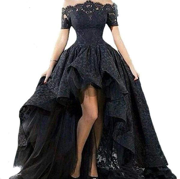 

fashion off shoulder high low prom dress boat neck lace party gown short front long back evening dress for graduation south african, Black