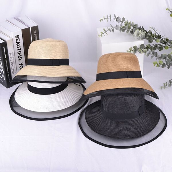 

new foldable ladies women summer sun beach floppy hat wide brim straw ribbon, Blue;gray