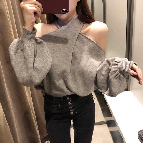 

ewq] 2020 spring autumn new pattern hight quality slash neck collar solid knitting pulloveres casual sweater women ak33602, White;black