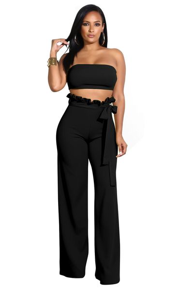 

женщины sexy two piece set без бретелек бандо crop top и длинные штаны 2 шт набор сплошные оборки wide leg брюки женщины outfit nz19.8-4, Gray