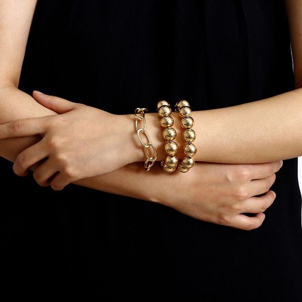

srcoi metal disco ball beads link chain bracelet punk hip hop style personality gold color hand accessories gift women 3pcs/set, Black