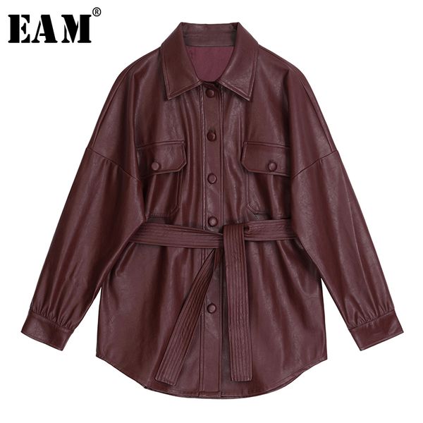 

eam] 2019 new spring summer lapel long sleeve wine red pu leather belt loose big size jacket women coat fashion tide jx453, Black;brown