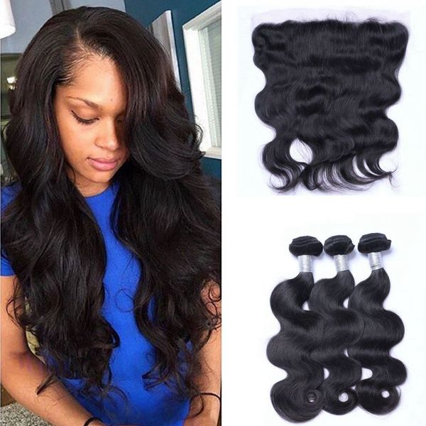 

монгольский дева пучки волос с фронтального 13x4 pre щипковых объемная волна человеческих волос 3 связки с закрытием, Black;brown