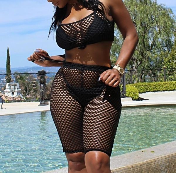 

bkld summer 2019 new see through mesh 2 piece set cover up fishnet women sleeveless crop and shorts womens two piece, White