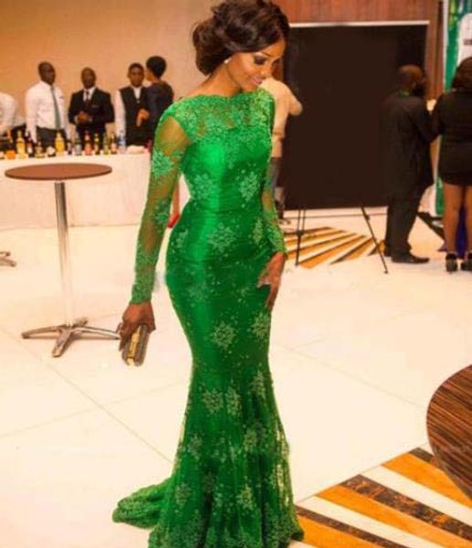 Smaragdgrüne afrikanische Damen-Abendkleider im Meerjungfrau-Design mit Applikationen und Ärmeln, elegantes, sexy, bodenlanges Spitzen-Partykleid