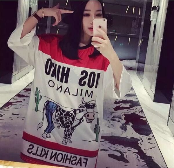 

women dress letter print cow girl fashion o-neck short sleeve oversize long t shirt party streetwear desingner bar casual plus size, White