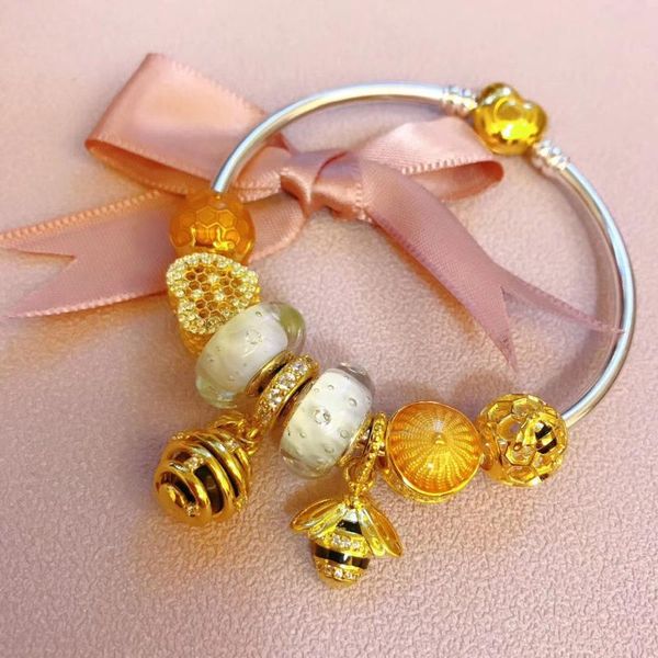 

lidu 100%925 sterling silver fashionable pandoras bee bracelet plated with gold mail manufacturers wholesale, Golden;silver