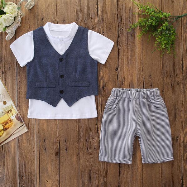 

toddler kids baby boys summer short sleeve set outfits clothes t-shirt+waistcoat+shorts gentleman set o-neck fashion, White