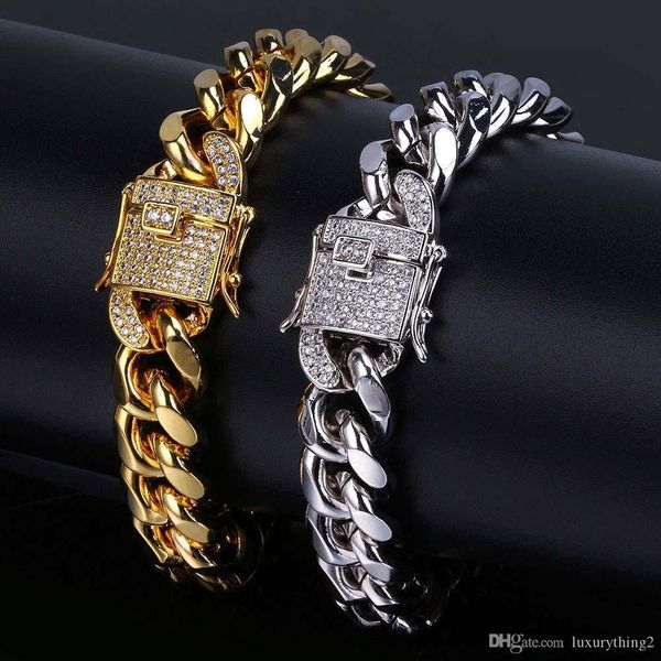 

hip hop 18k gold plated cuban chain bracelet with diamond clasp 12 mm wide for men women 8 inch2019, Black