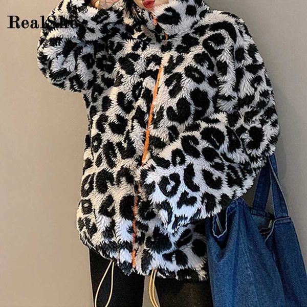 

realshe леопардовый женский жакет с длинным рукавом молнии lamb fur coat весна осень повседневная streetwear теплое пальто шерсти женщин, Black