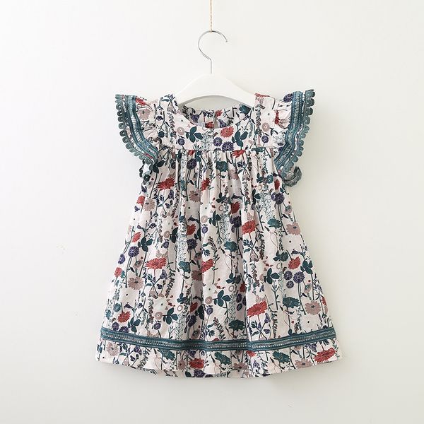 

retail 2019 girls flying sleeve floral printed dress cute baby infant dresses kids summer white navy ruffle pleated dress boutique clothes, Red;yellow
