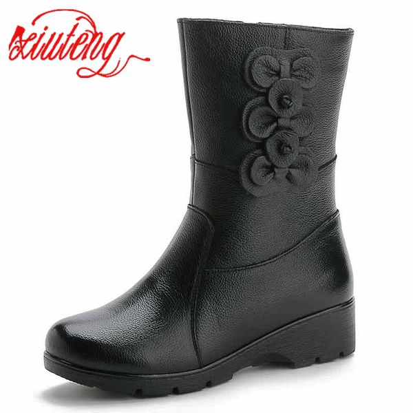 

xiuteng women's booties winter new plus velvet thick boots round head thick with genuine leather korean version of snow boots, Black