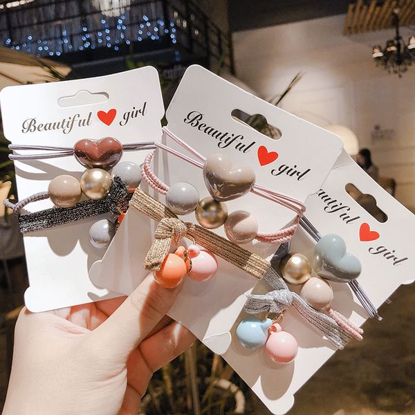 

3шт / набор из бисера pearl love heart cute волос резинки для канатного девушка женщин браслет волос эластичный удлинители rings розовый чер, Pink