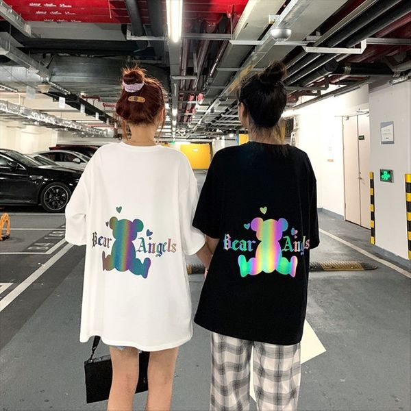 

сыпучие отражательной медведь лазерная печать миди круглый воротник короткий рукав футболку подругам дряблая отражательной медведь лазерной, White