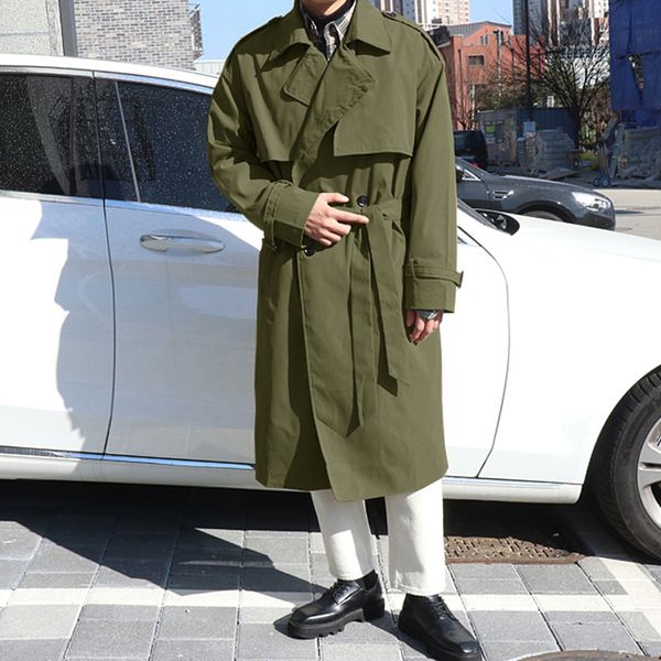 

2020 autumn new handsome cool ins lapel male korean version of the long loose college belt casual windbreaker, Tan;black