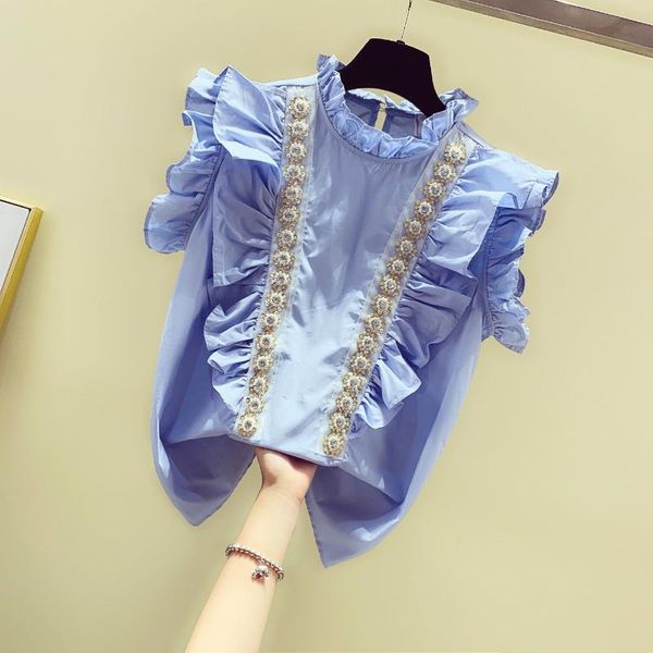

super fire short sleeve white shirt female sweet flounces beads studded chiffon jacket blouse summer autumn ladies blouses