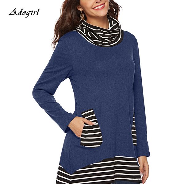 

warm hoodie women striped patchwortk with pocket casual solid irregular sweatshirt slim bow neck long sleeve pullover sweatshirt, Black