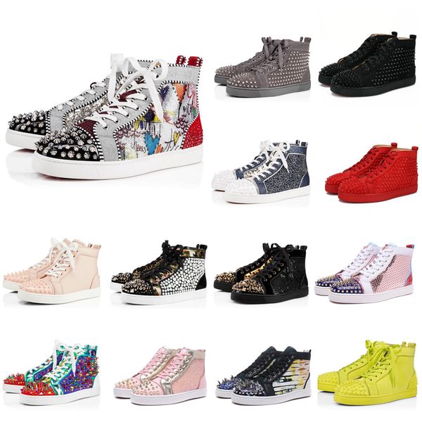 

2020fashion luxury designer graffiti flats bottoms casual shoes men women spike sneakers yellow red grey white black leather suede size36-4