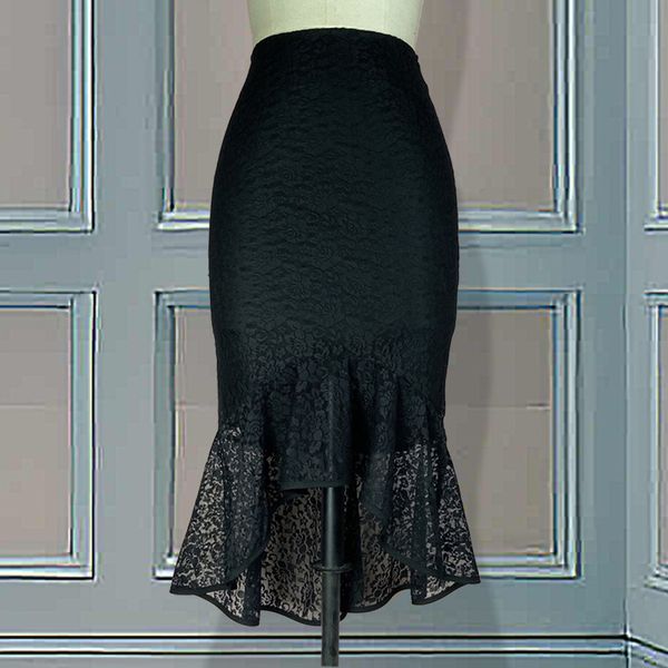 

elegant women black lace flower crochet skirt female bodycon high waist midi irregular hip skirts ladies ruffles mermaid skirt