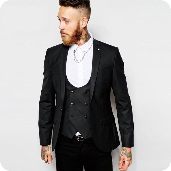 

new fashion black men suits for wedding skinny groom tuxedos groomsmen suit men blazer peaked lapel 3piece jacket vest pants costume homme, Black;gray