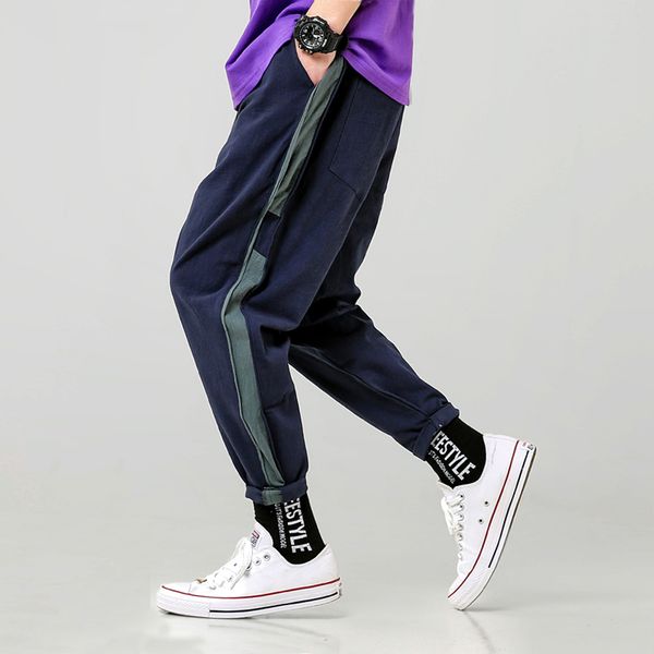 

streetwear sweatpants joggers men striped harem pants ankle-length trousers casual slim mens joggers pants, Black