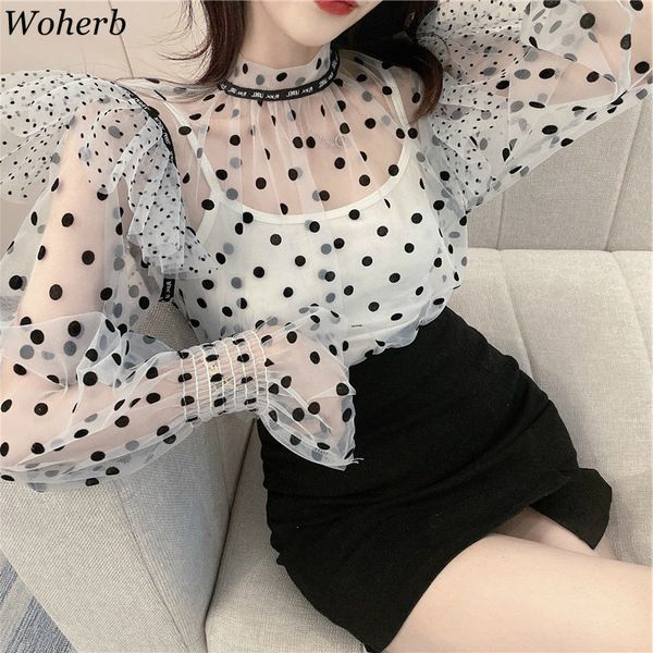 

woherb женские блузки шикарный марлевый горошек see through 2020 весна новый слоеный рукав рябить короткие рубашки сладкий сексуальный леди, White