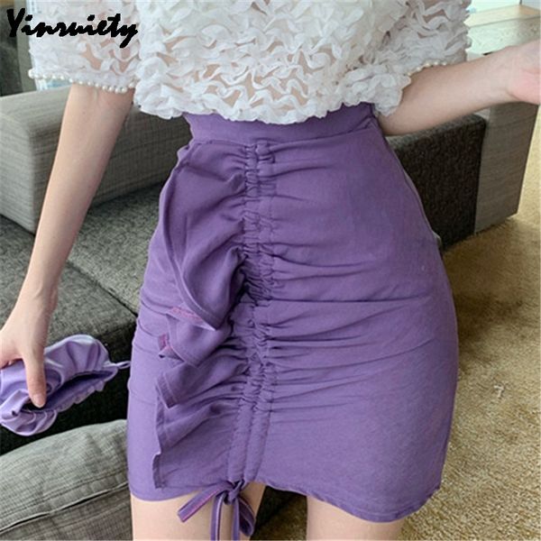

skirts 2021 summer women high street mini skirt waist white black purple folds bandage saia mujer korean chic bodycon