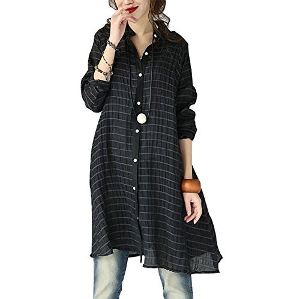 

buykud women casual loose cotton linen v neck long sleeve shirt dress, Black;gray