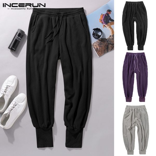 

incerun men harem pants joggers solid fleece loose winter stylish trousers men drawstring streetwear casual pantalones hombre, Black
