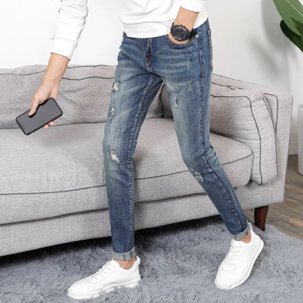 

new arrival mens retro washed jeans trousers slim skinny hole jeans mens fashion demin, Blue